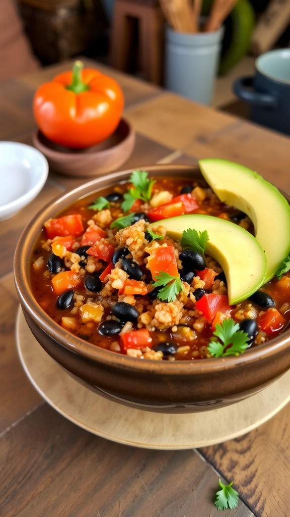 A vibrant bowl of quinoa chili with black beans and bell peppers, garnished with cilantro and avocado.